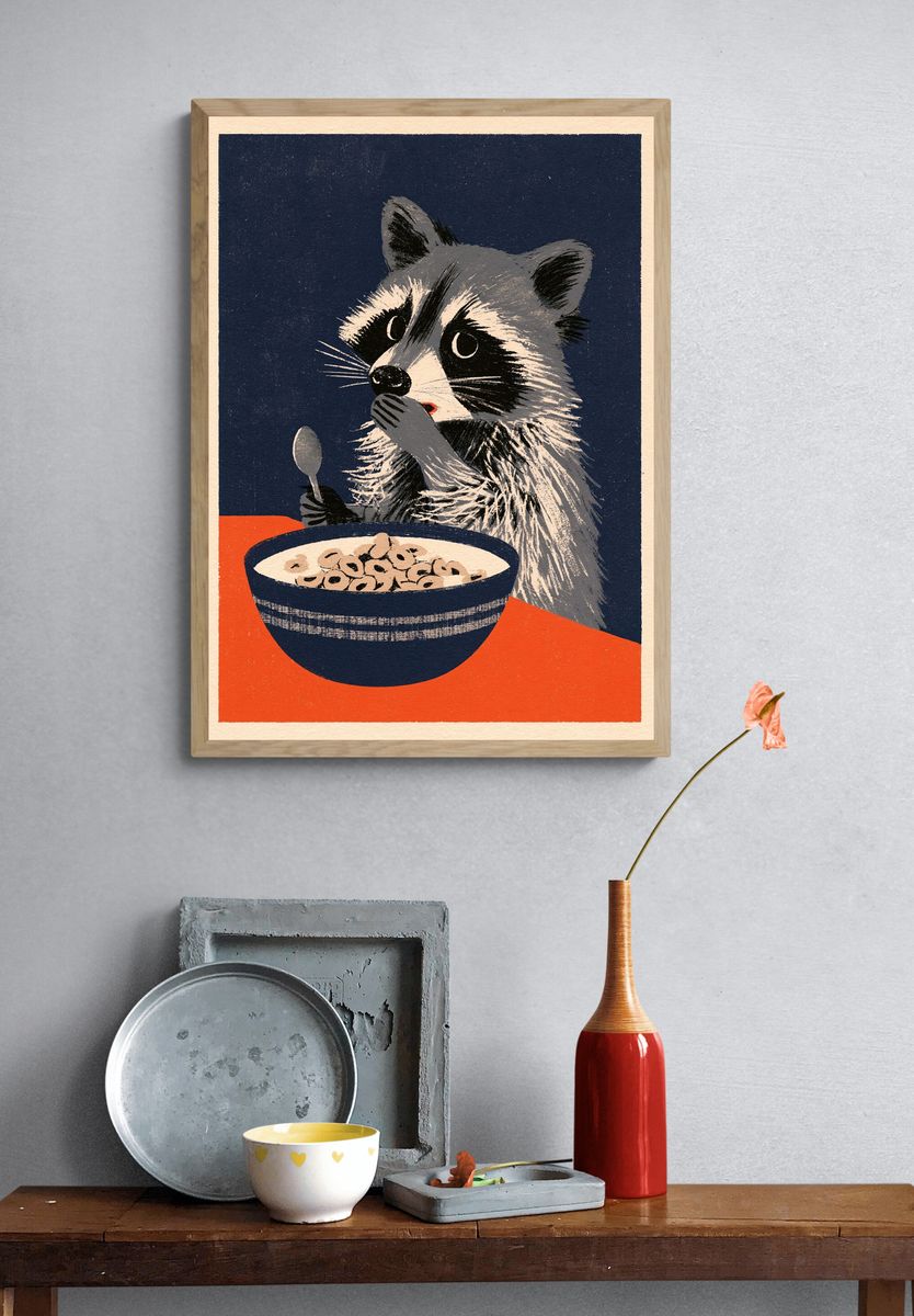 Raccoon Cereal Illustration Poster. — room view 3