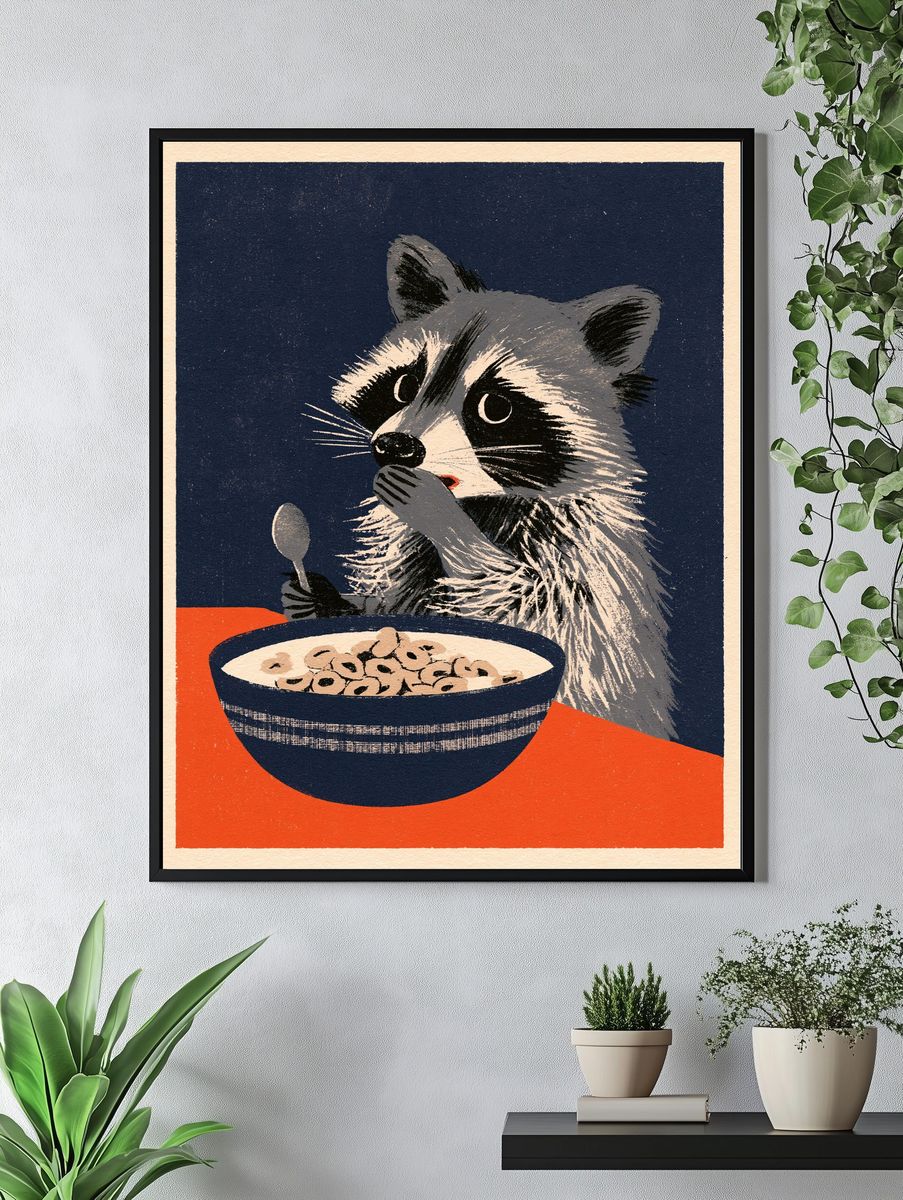 Raccoon Cereal Illustration Poster. — room view 4