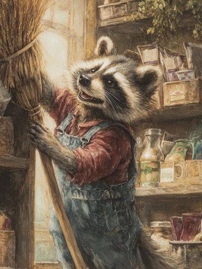 Raccoon Shopkeeper Illustration Poster. poster