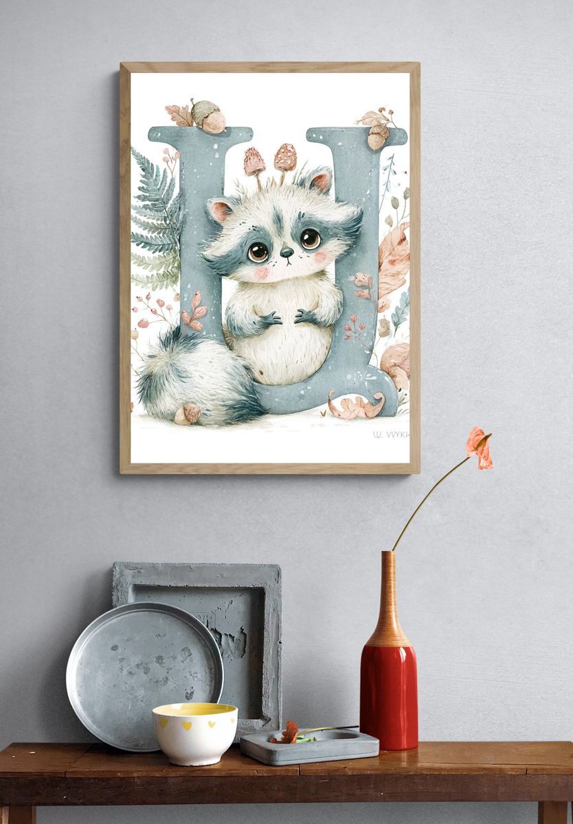 Cute Raccoon Letter D Poster. — room view 3