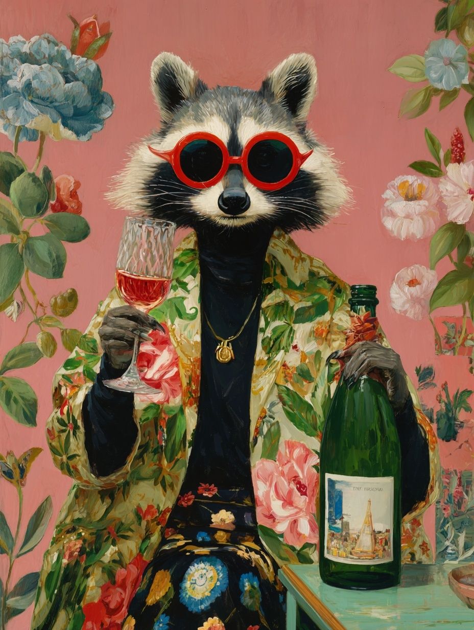 Stylish Raccoon with Champagne — Illustration Print. poster detail