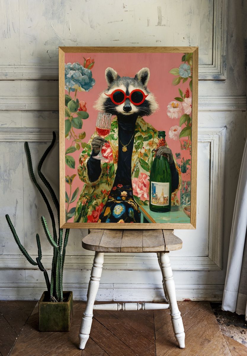 Stylish Raccoon with Champagne — Illustration Print. — room view 1