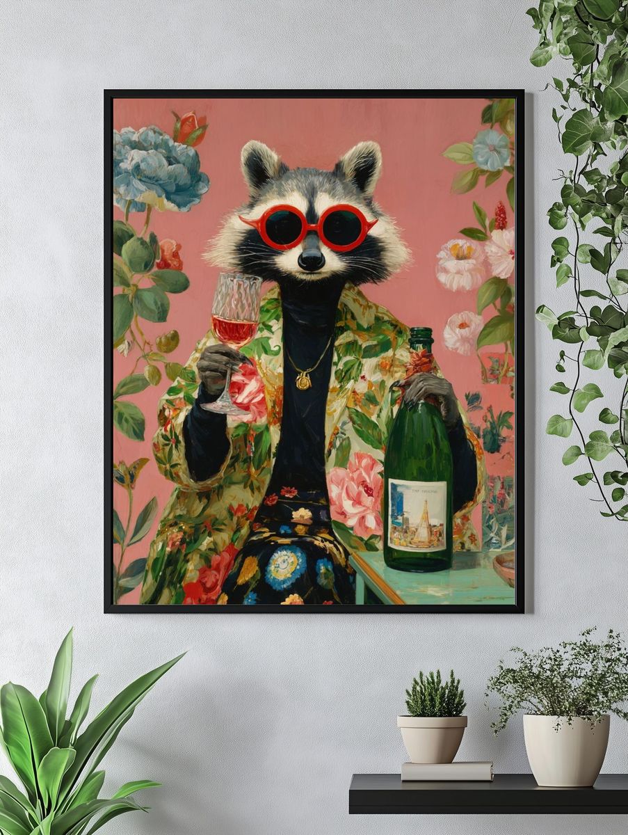 Stylish Raccoon with Champagne — Illustration Print. — room view 4