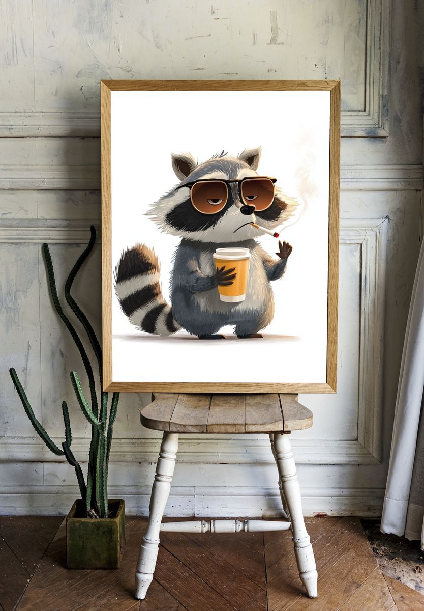 Cool Raccoon Coffee Illustration Poster room preview