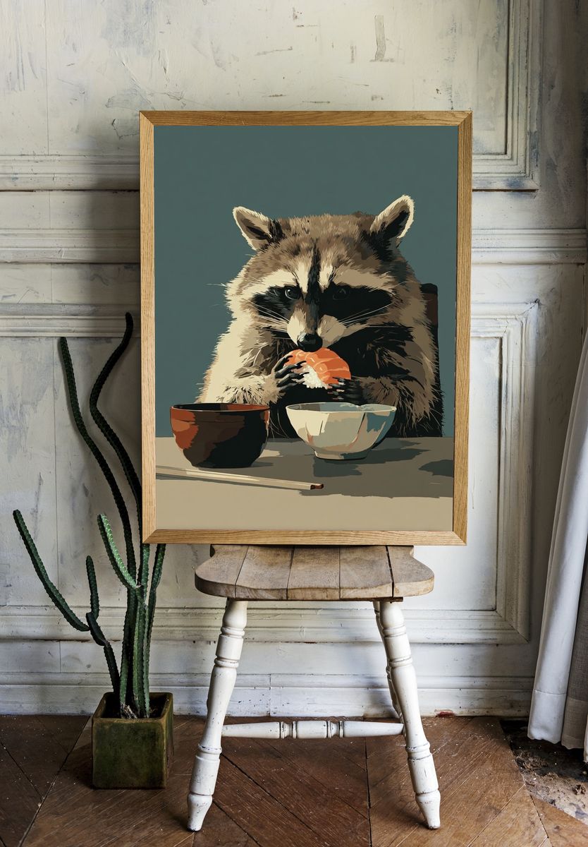 Raccoon Sushi Illustration Poster. — room view 1