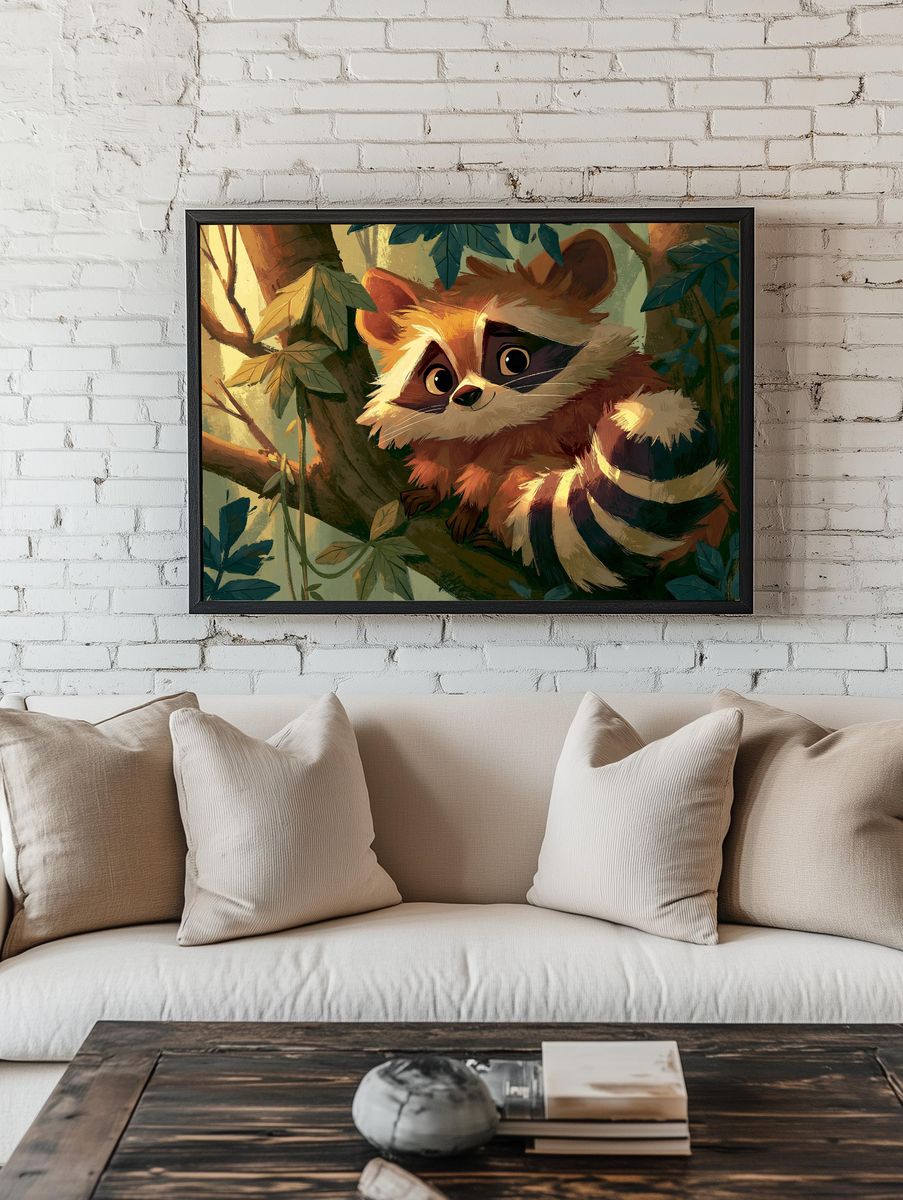 Cute Raccoon in Forest Illustration Poster. — room view 1