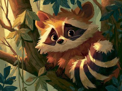 Cute Raccoon in Forest Illustration Poster. poster