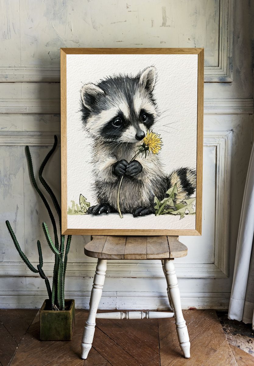 Baby Raccoon Watercolor Poster. — room view 1