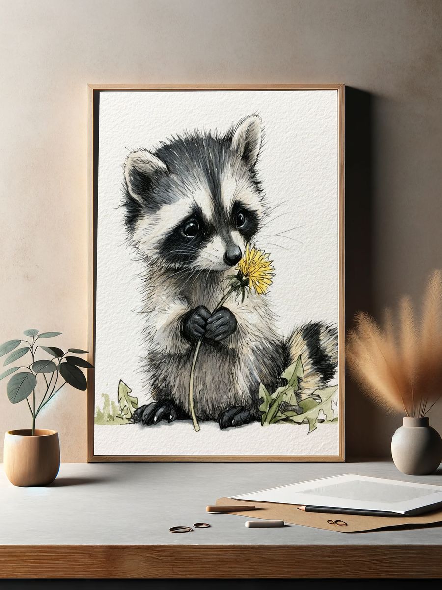 Baby Raccoon Watercolor Poster. — room view 2