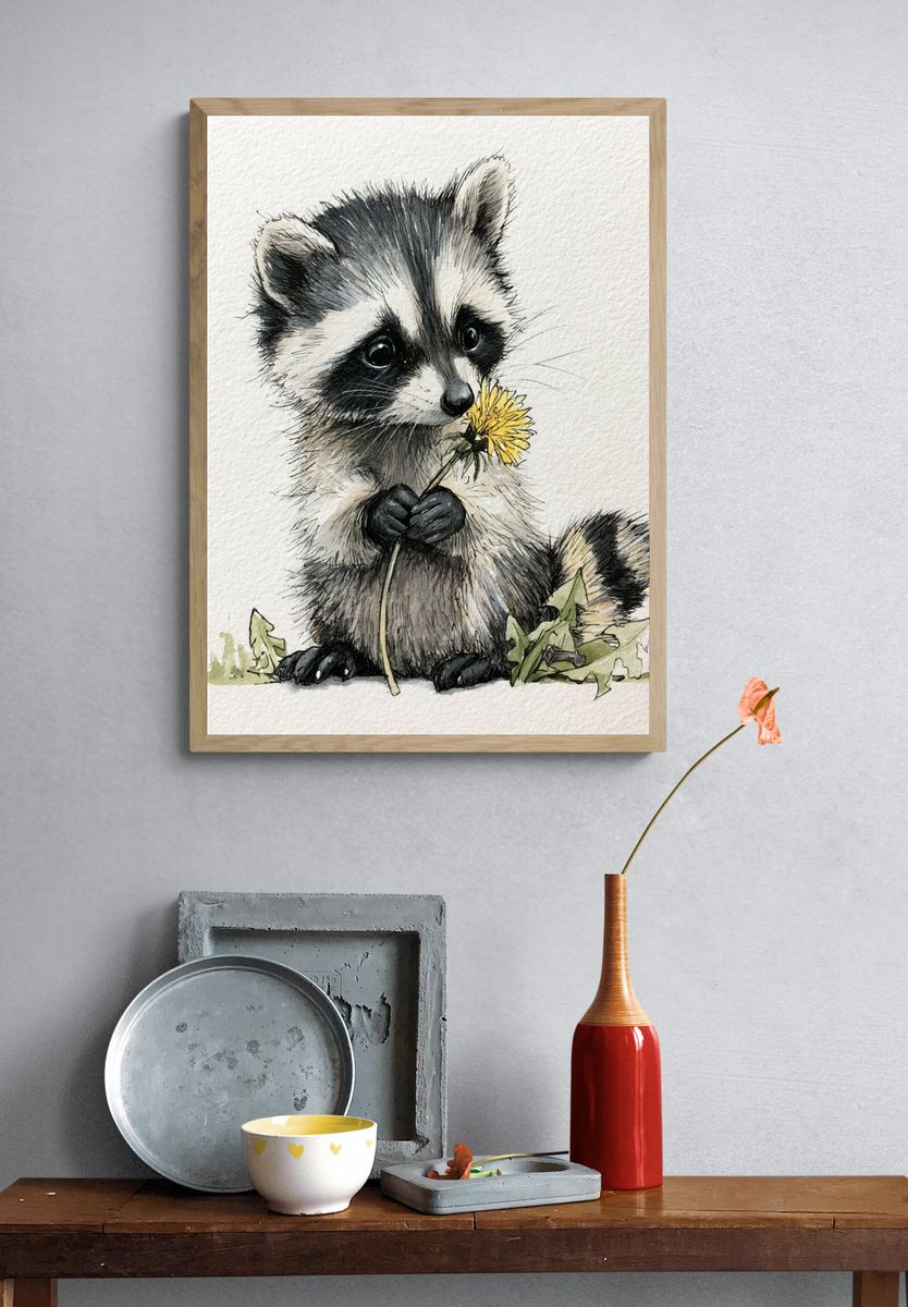 Baby Raccoon Watercolor Poster. — room view 3