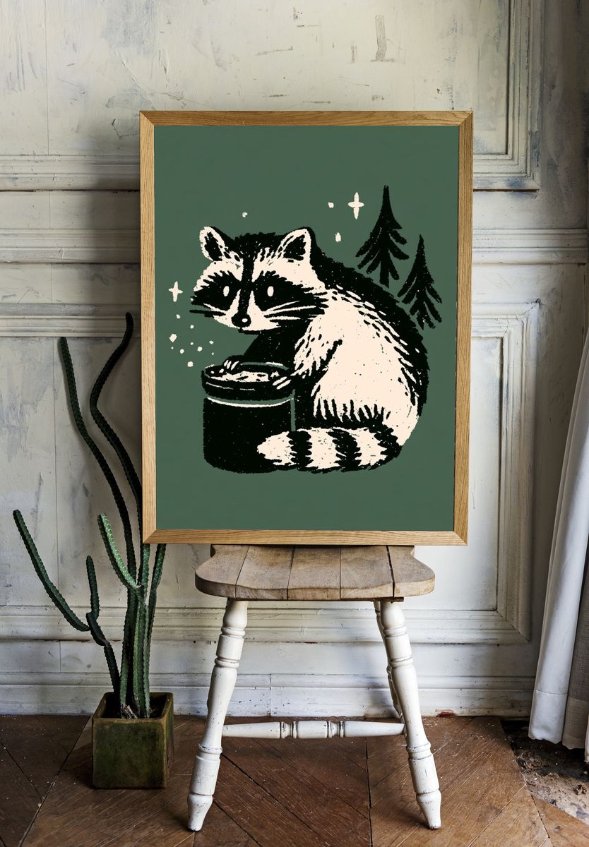 Raccoon Forest Night Print. room preview