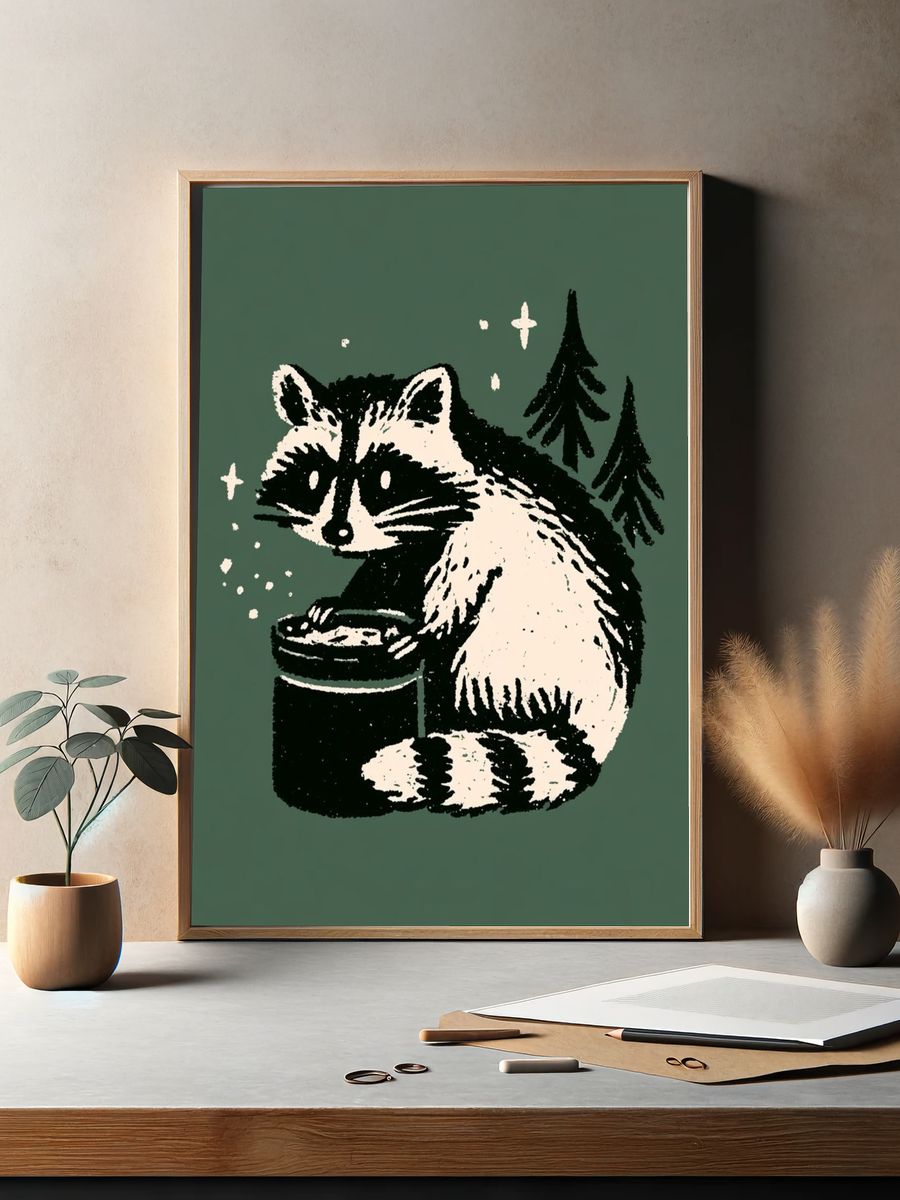 Raccoon Forest Night Print. — room view 2
