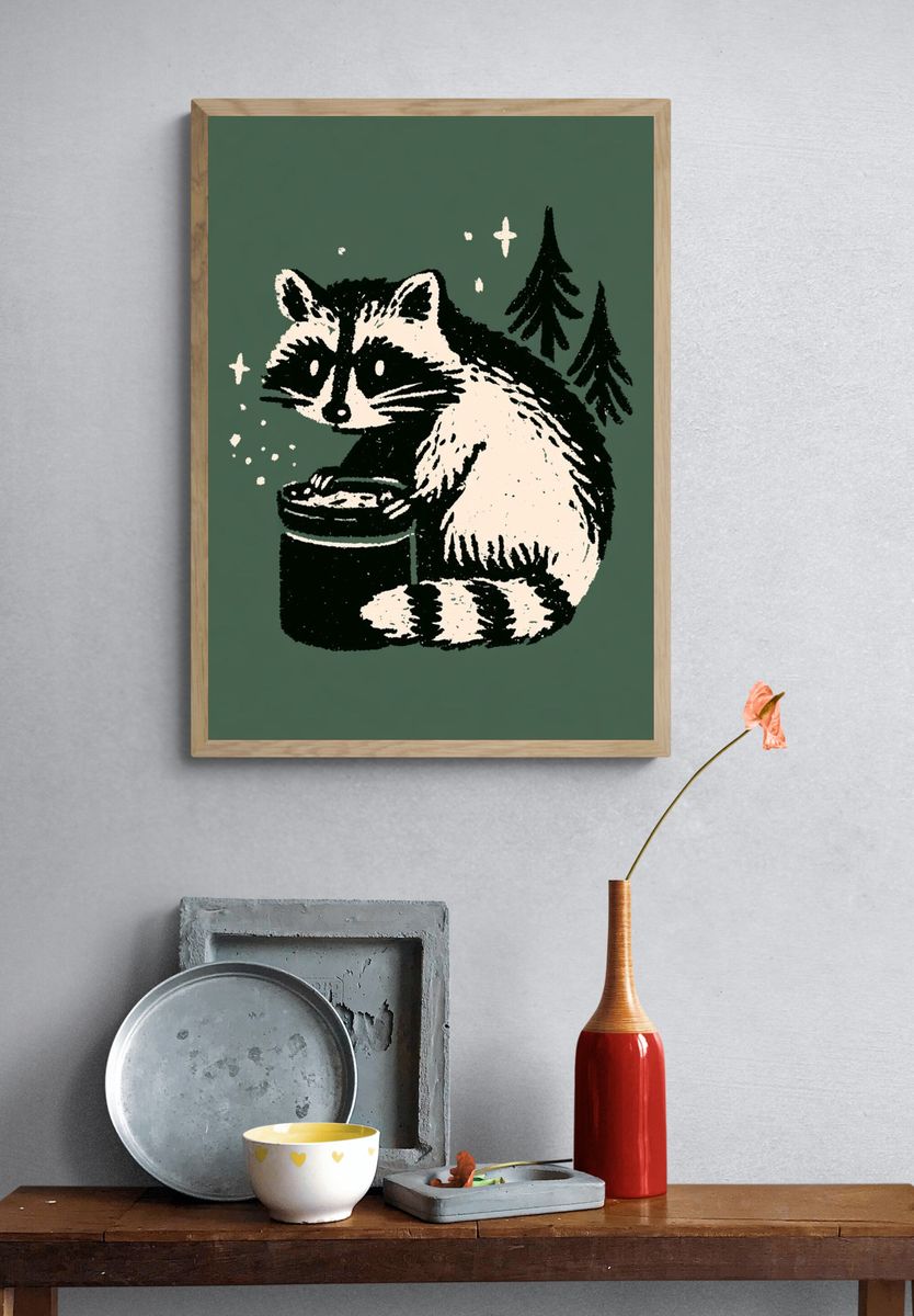 Raccoon Forest Night Print. — room view 3