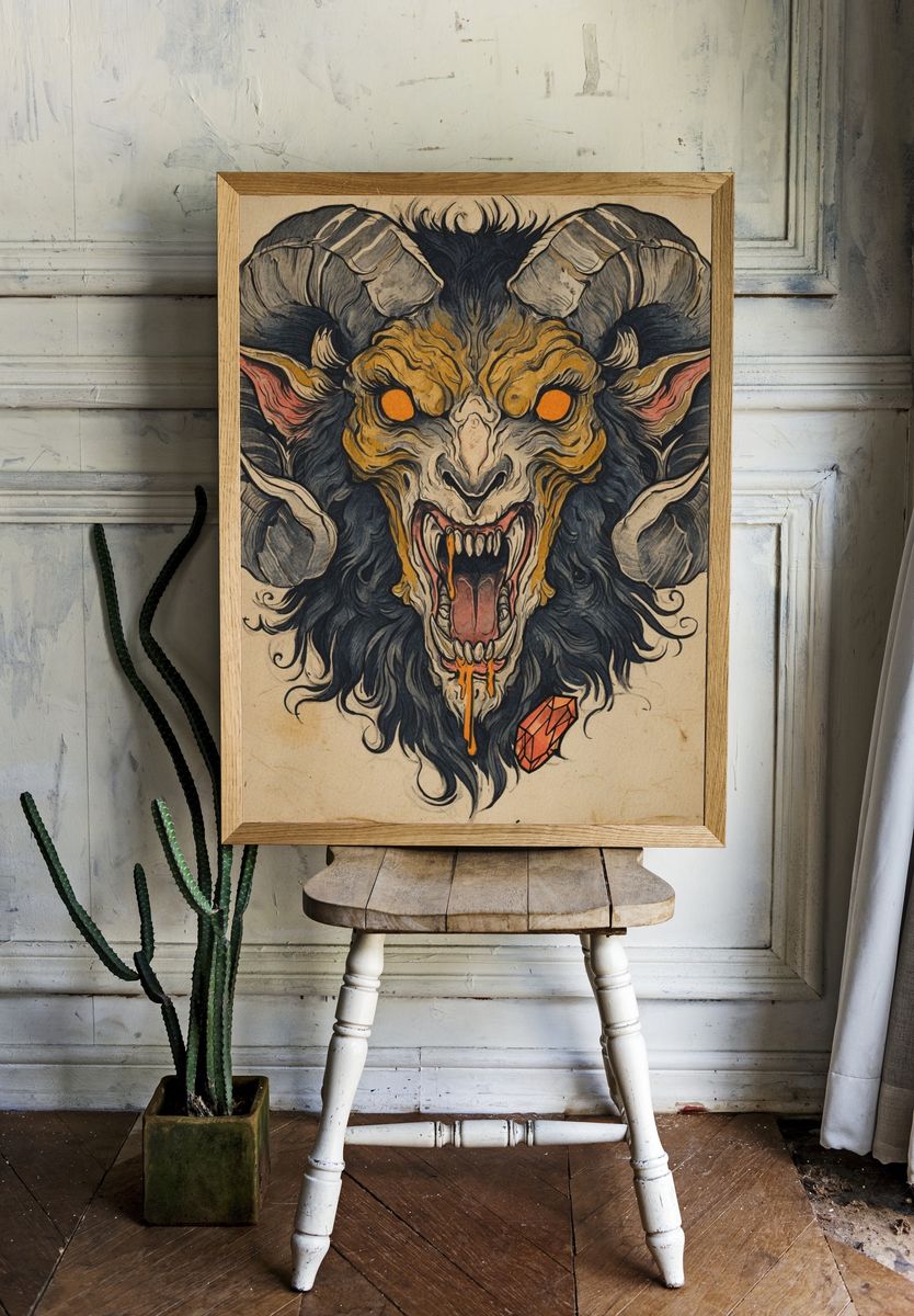 Ferocious Ram Head — Illustration Print. room preview