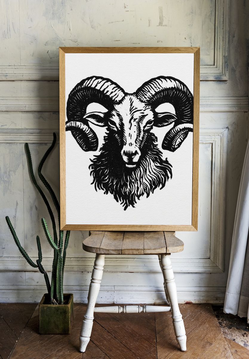 Ram Head Ink Illustration Poster. — room view 1