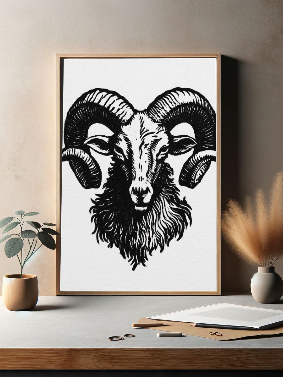 Ram Head Ink Illustration Poster. — room view 2