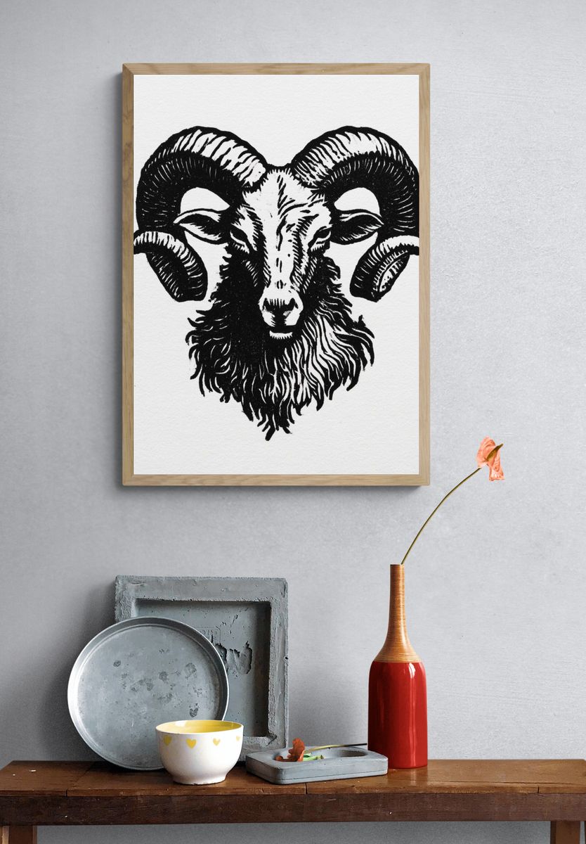 Ram Head Ink Illustration Poster. — room view 3