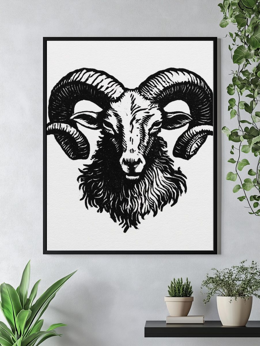Ram Head Ink Illustration Poster. — room view 4