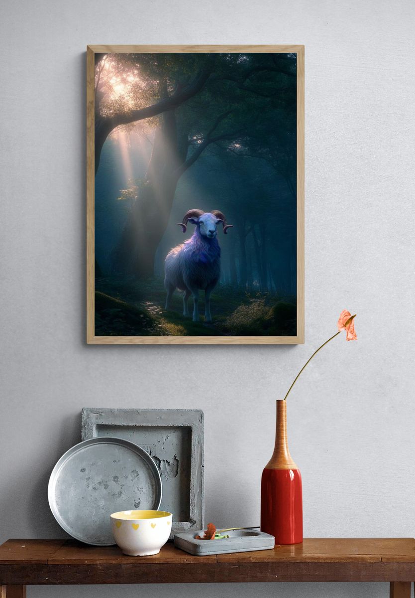 Mystical Ram in Forest — Nature Print. — room view 3