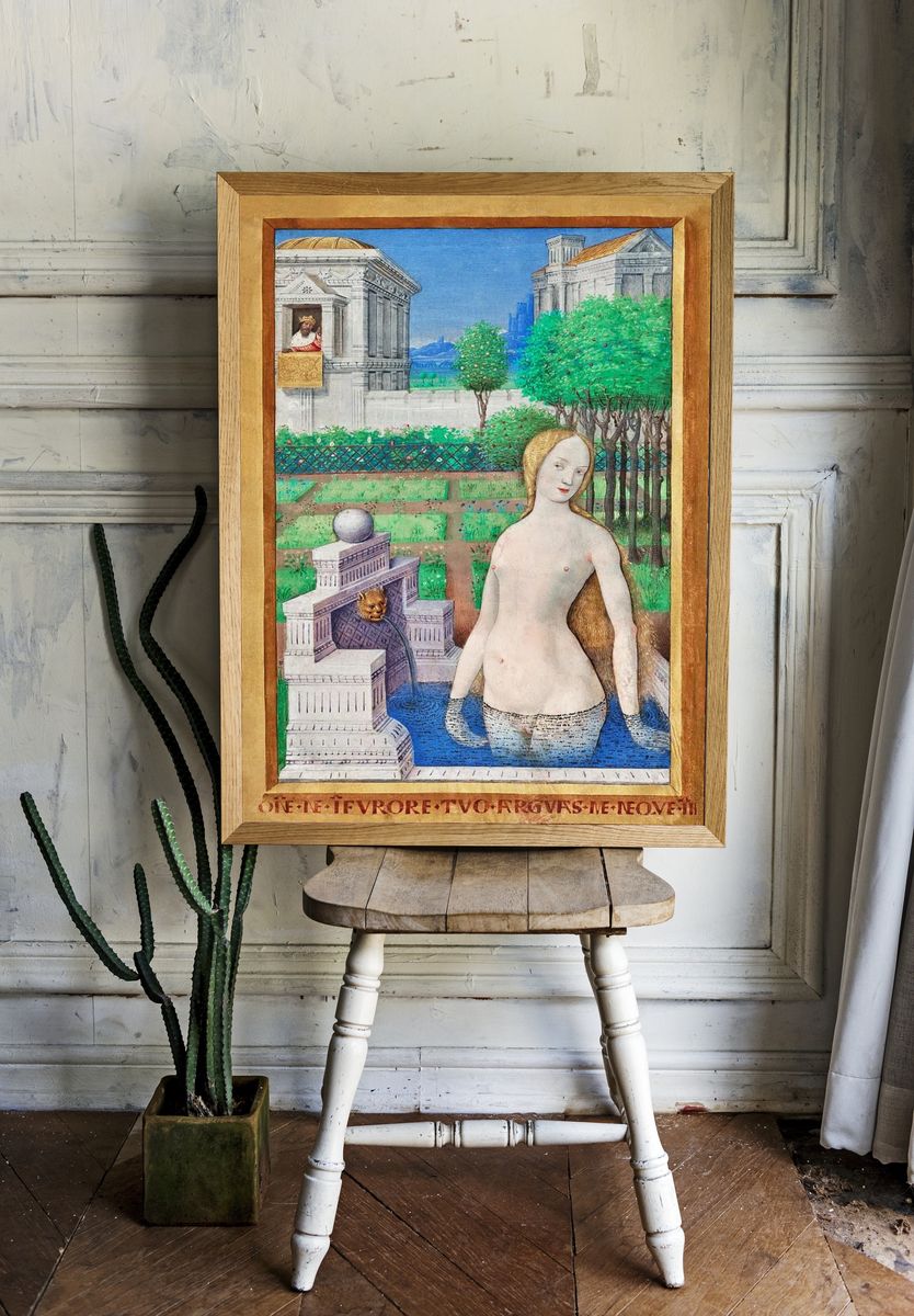 Nude Woman by Fountain — Renaissance Print. room preview