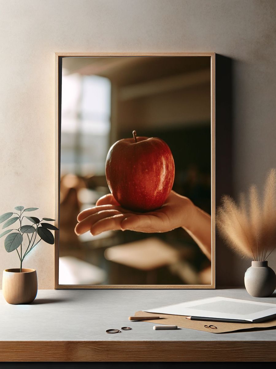 Red Apple in Hand Photography Poster. — room view 2