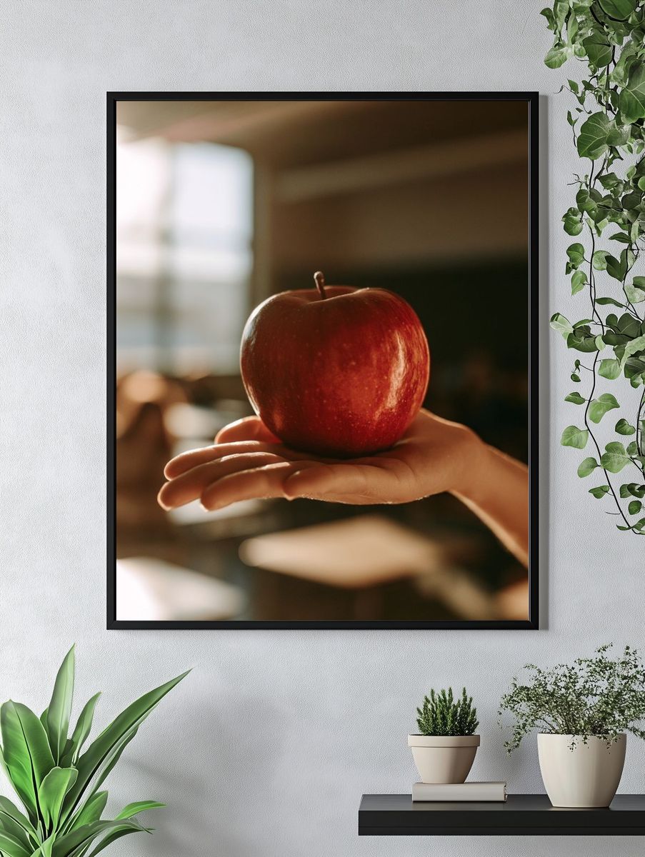 Red Apple in Hand Photography Poster. — room view 4