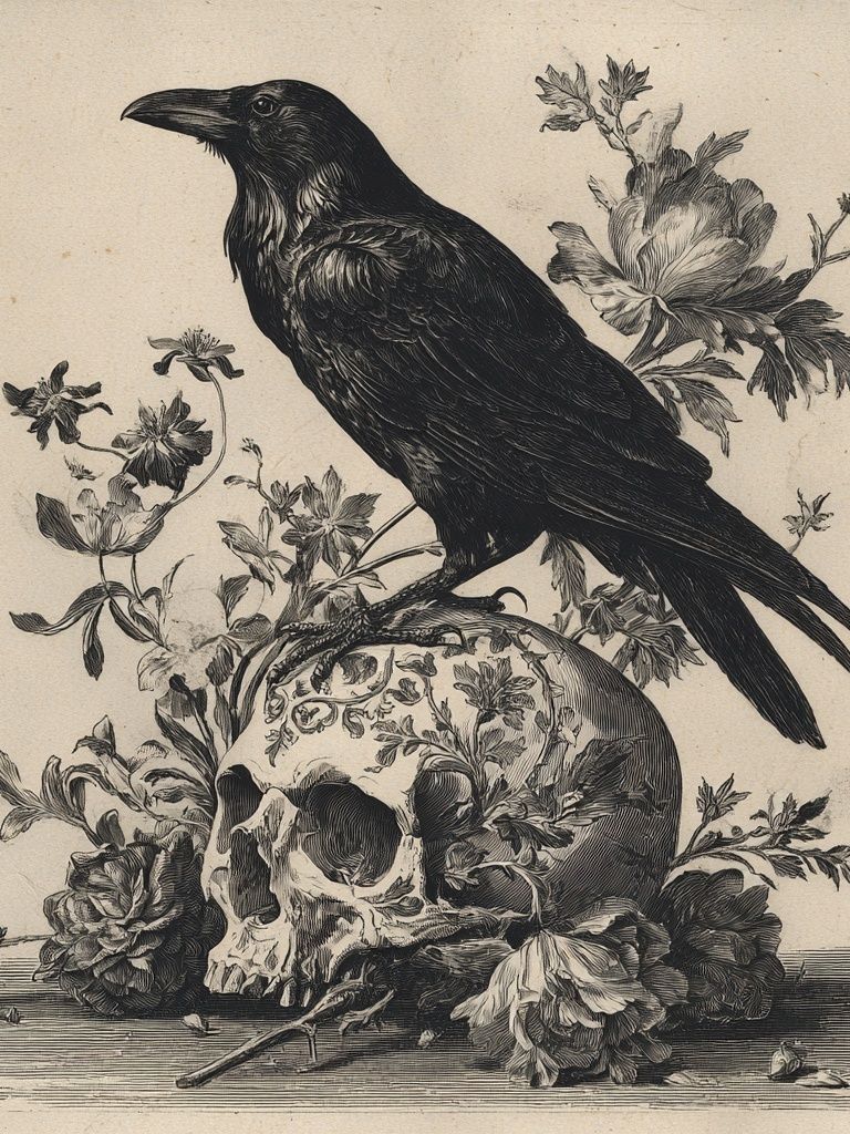 Raven and Skull Vintage Print. poster — animals art