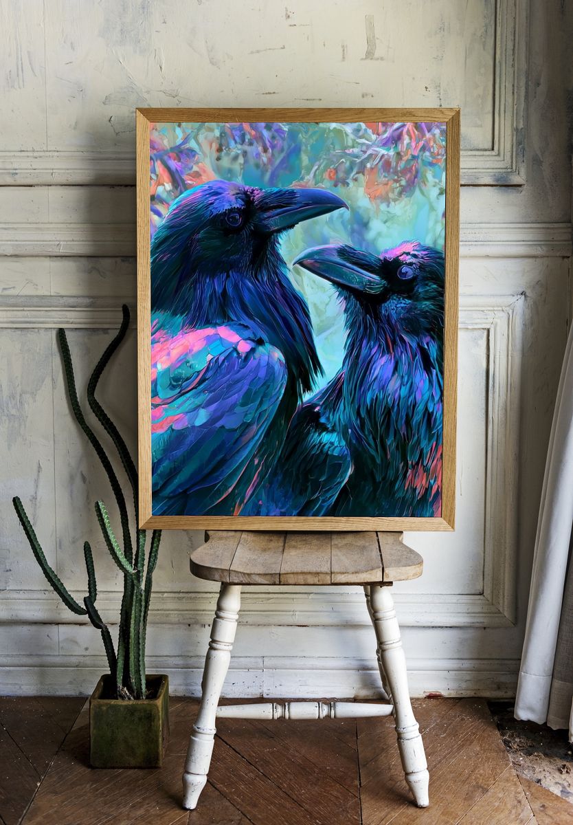 Neon Ravens Illustration Poster. — room view 1