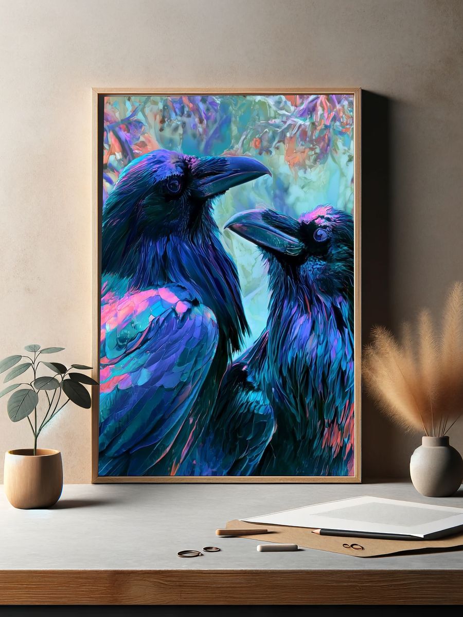 Neon Ravens Illustration Poster. — room view 2