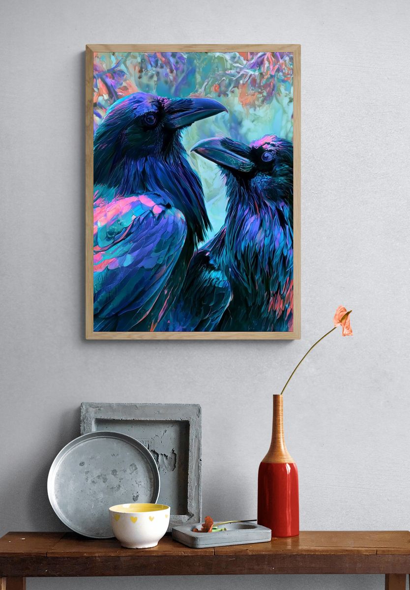 Neon Ravens Illustration Poster. — room view 3