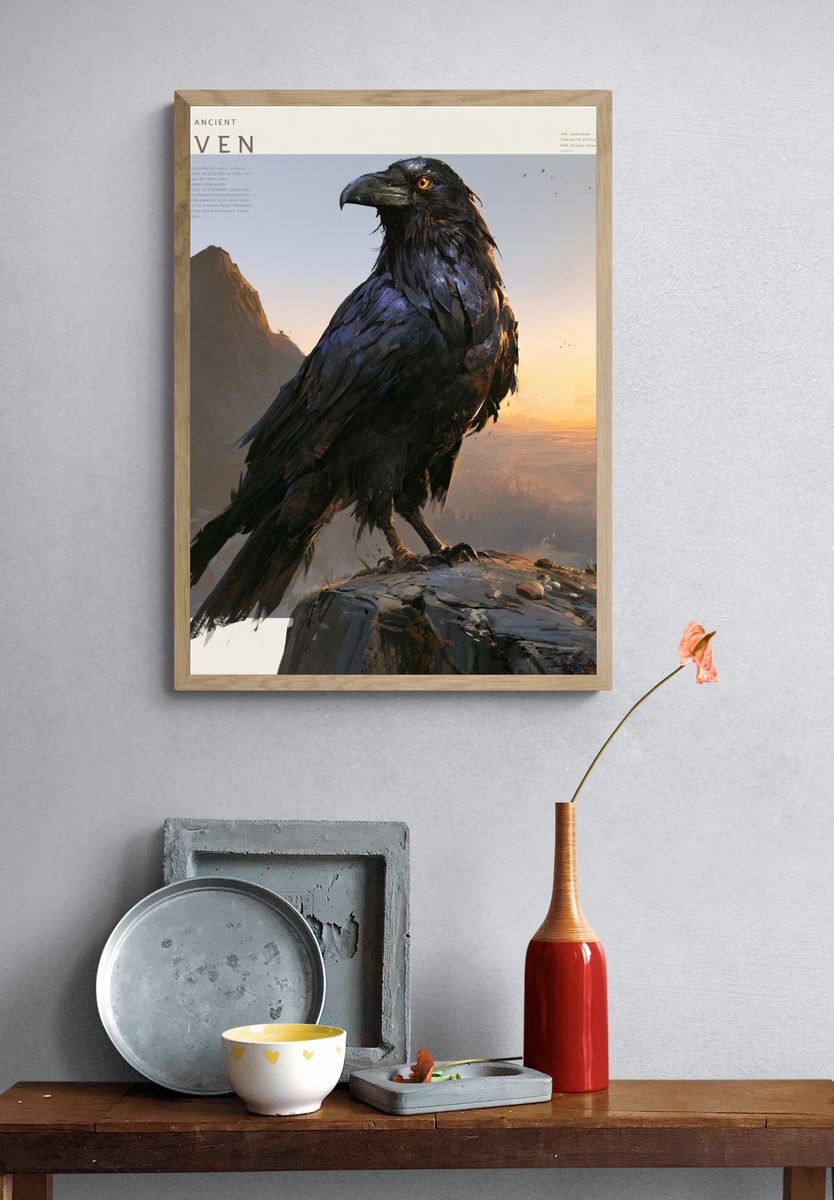 Wise Ancient Raven Illustration Poster. — room view 3