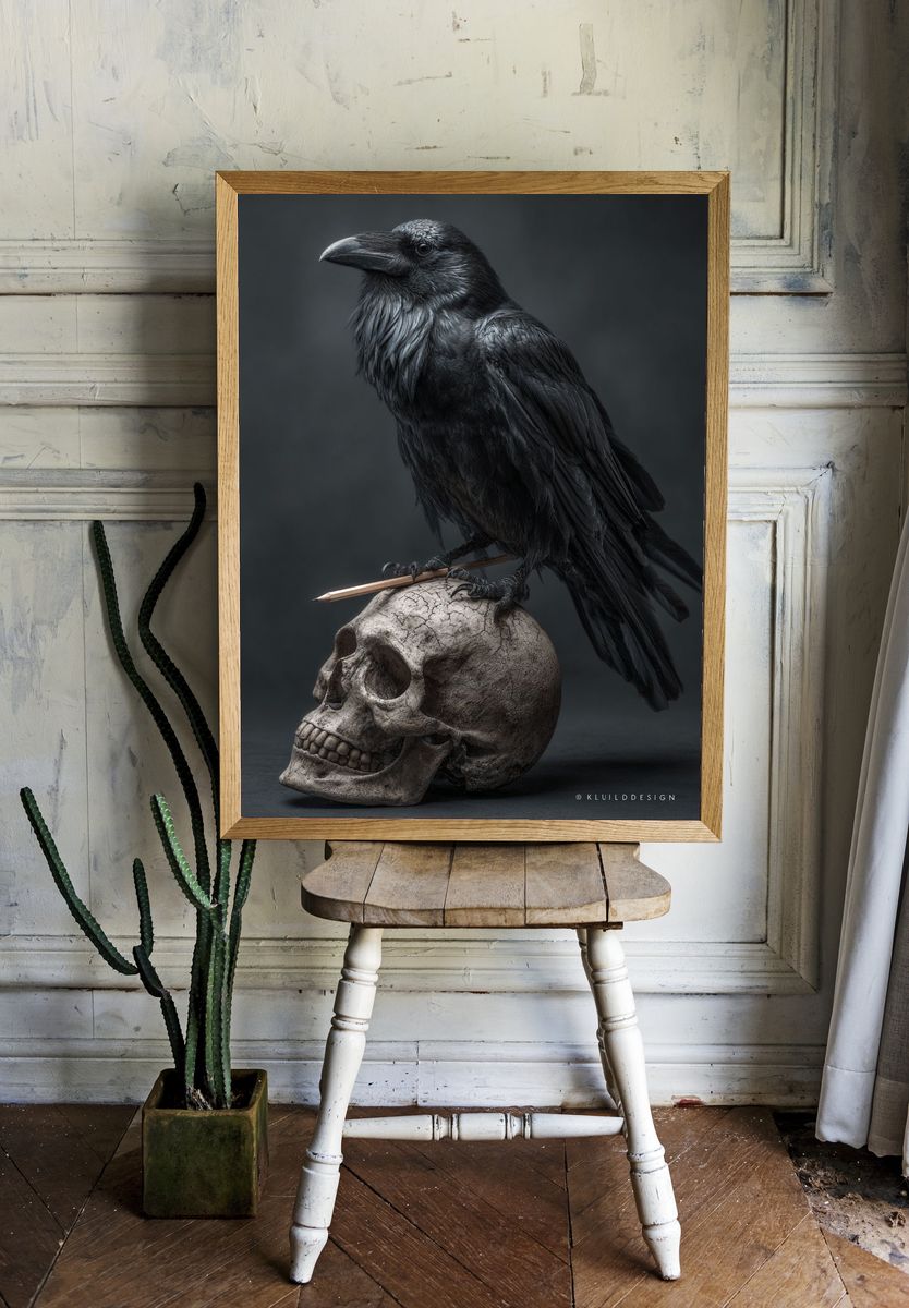 Raven on Skull Dark Illustration Poster. room preview