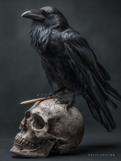Raven on Skull Dark Illustration Poster. poster