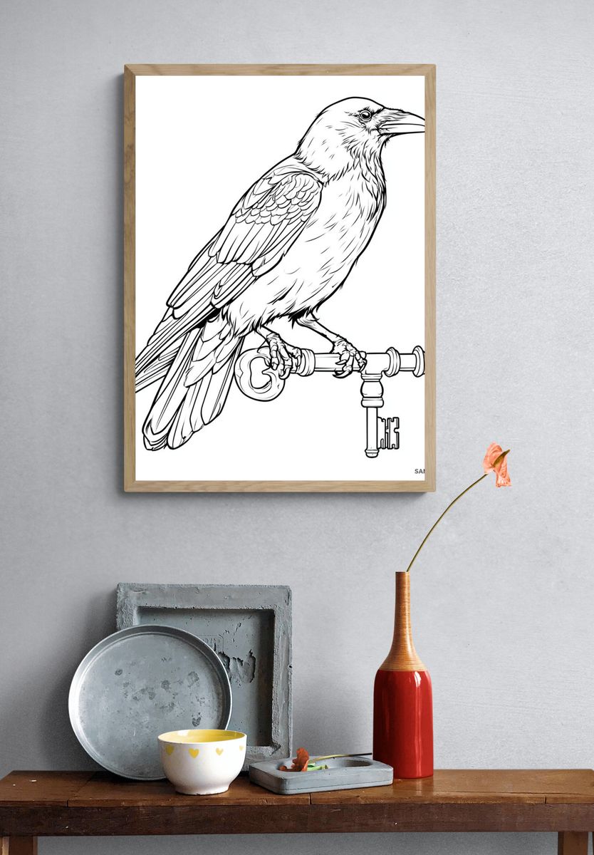 Raven on Key Illustration Print. — room view 3