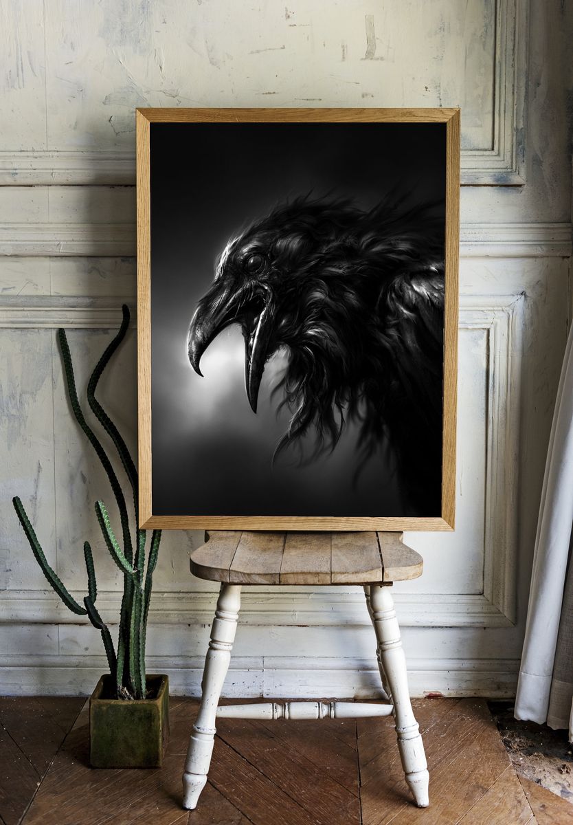 Raven Portrait Black-White Print. room preview
