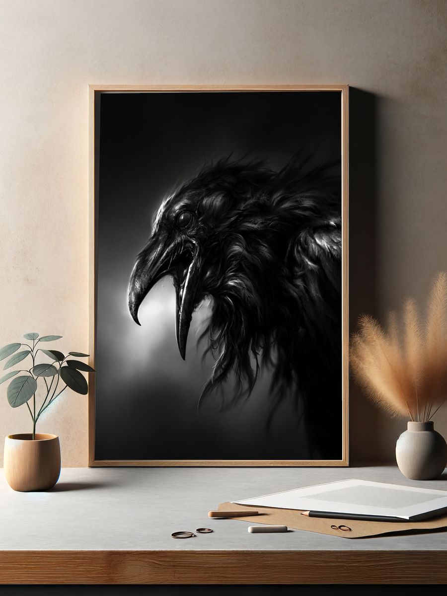 Raven Portrait Black-White Print. — room view 2