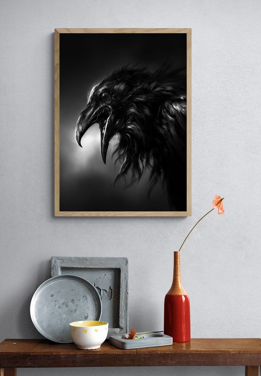 Raven Portrait Black-White Print. — room view 3