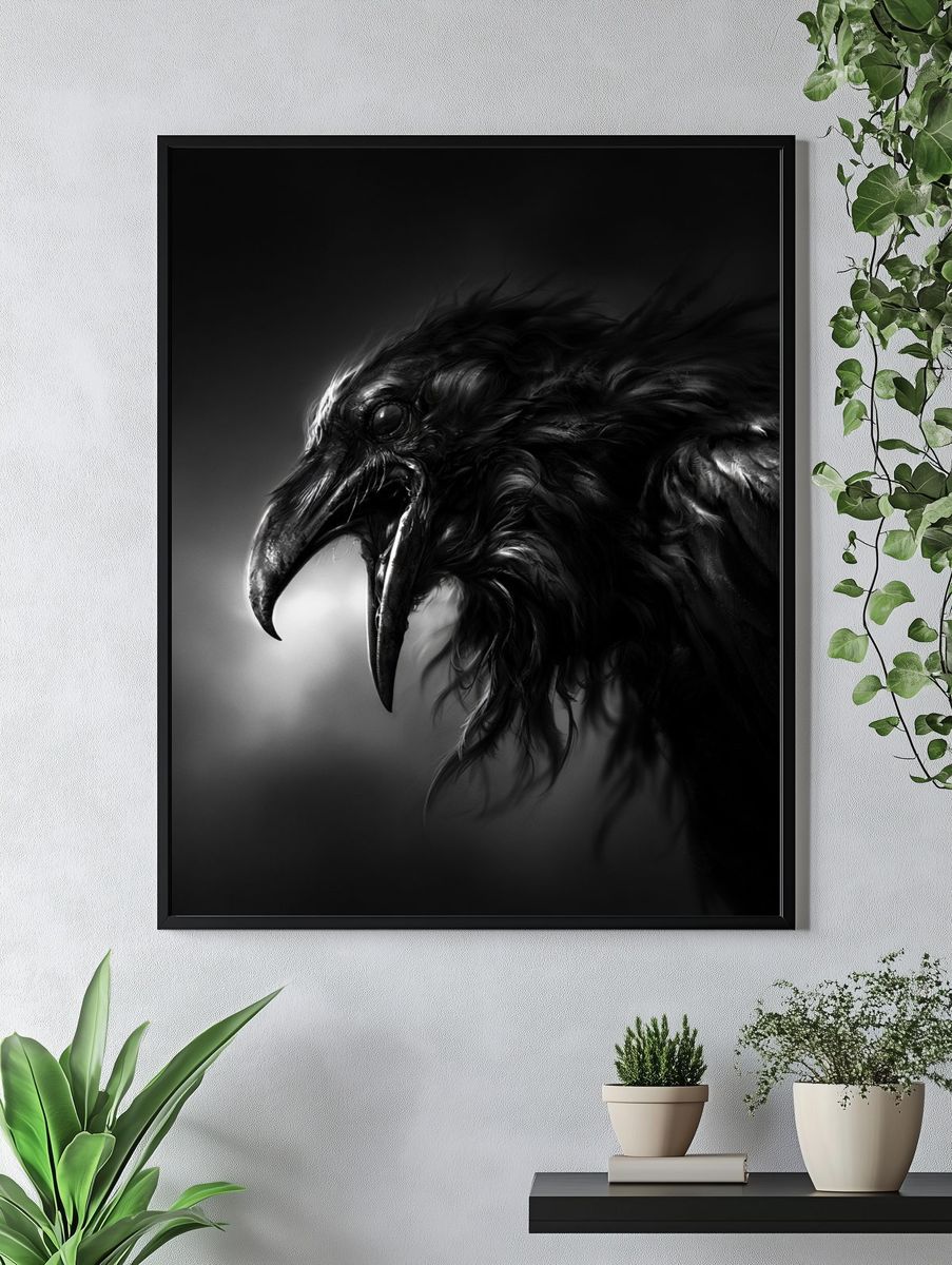 Raven Portrait Black-White Print. — room view 4