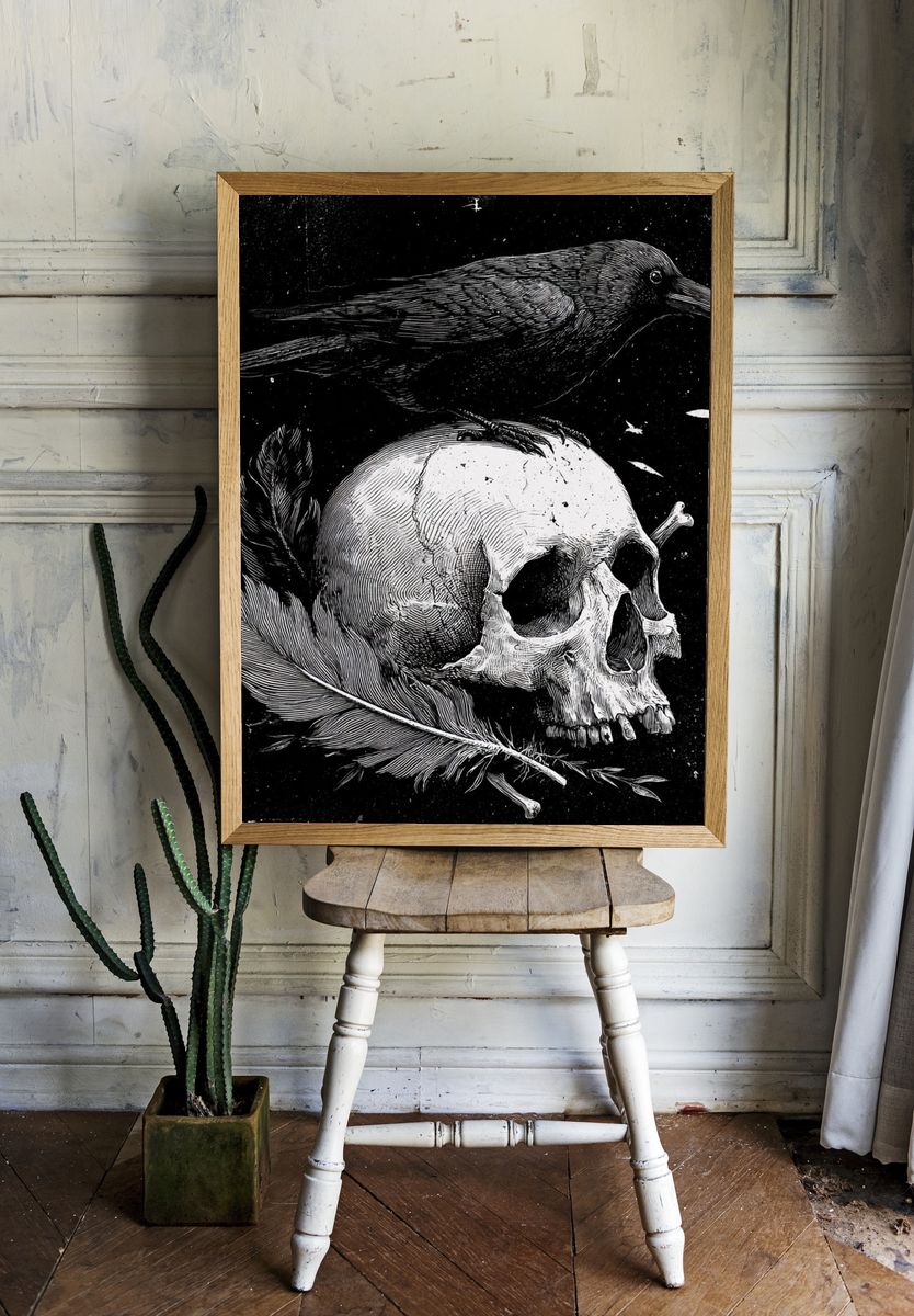 Raven and Skull — Gothic Art Print. room preview