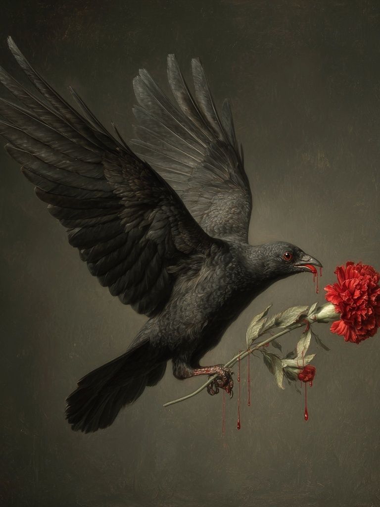 Black Raven with Red Carnation Print. poster detail