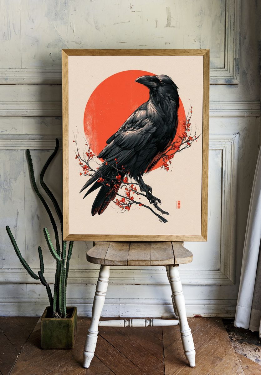 Raven on Red Sun Poster. room preview