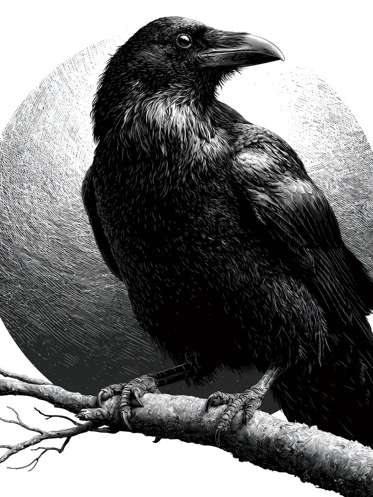 Raven on Branch Black-White Print. poster — animals art