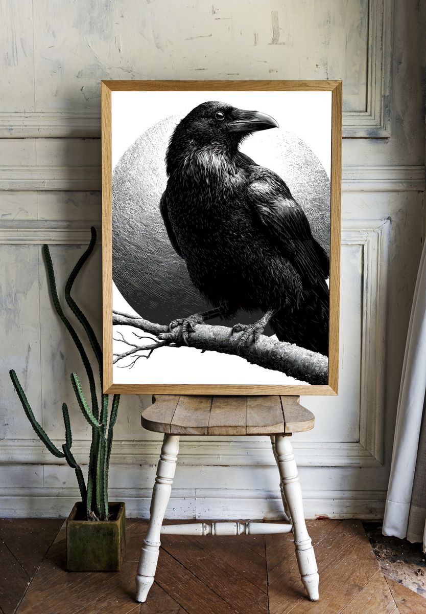 Raven on Branch Black-White Print. — room view 1