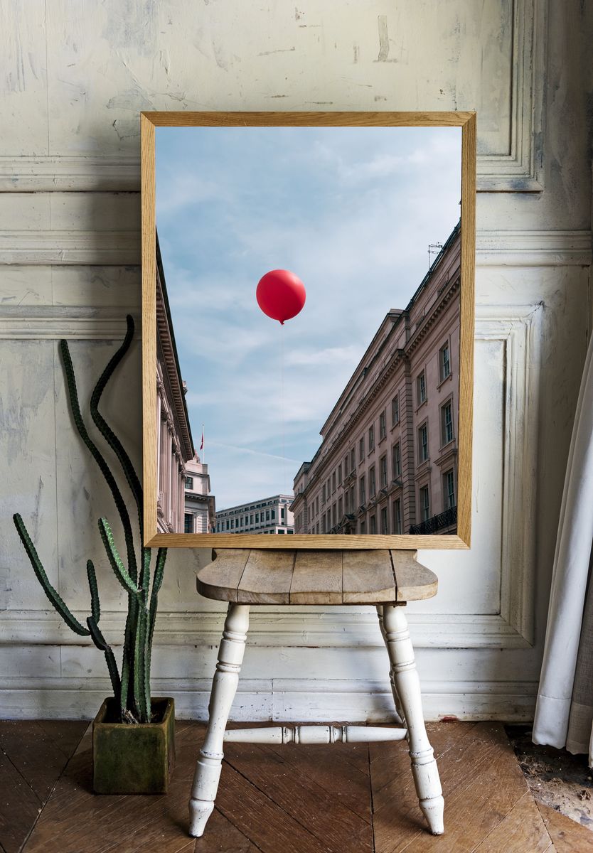 Red Balloon Cityscape Photography Poster. — room view 1