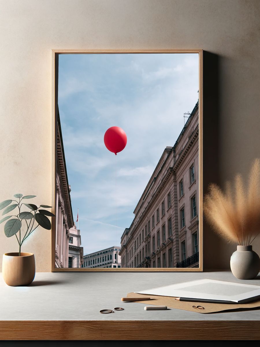 Red Balloon Cityscape Photography Poster. — room view 2