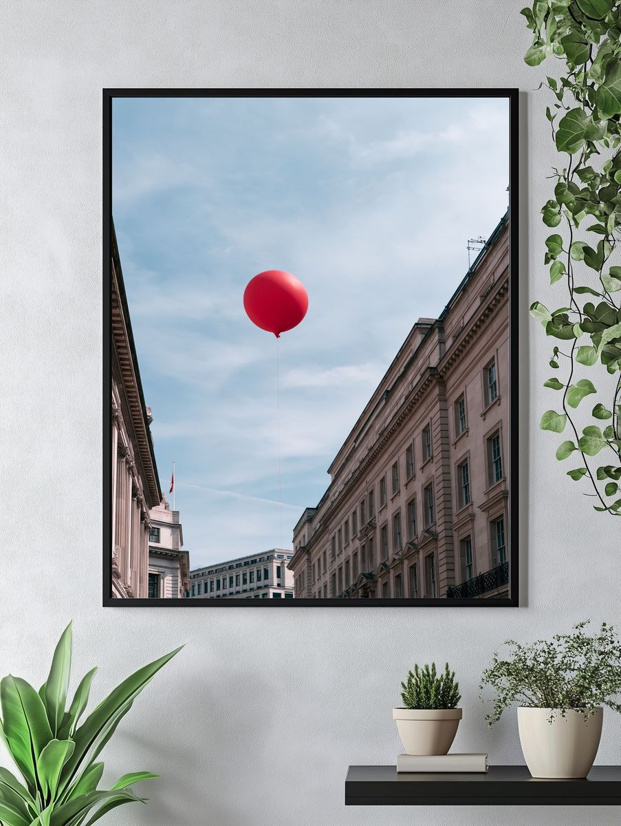 Red Balloon Cityscape Photography Poster. — room view 4