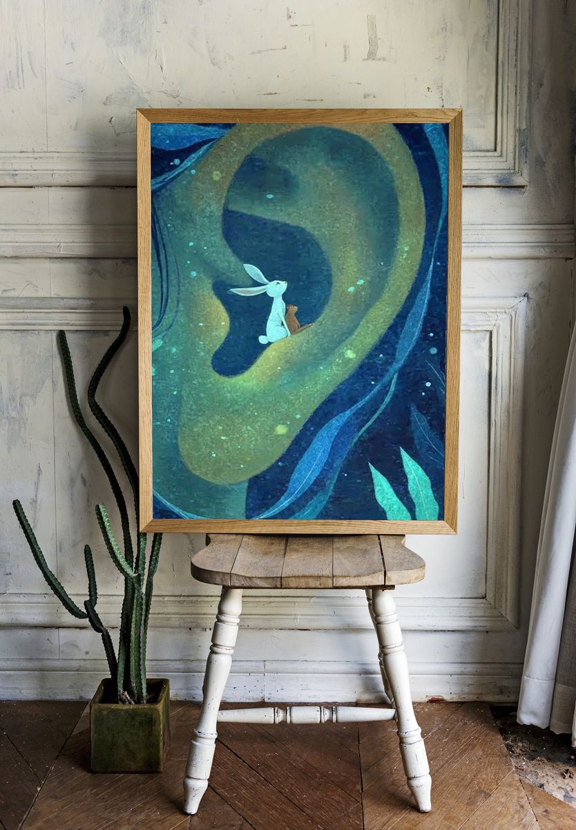 Whimsical Rabbit and Bear Illustration Poster room preview