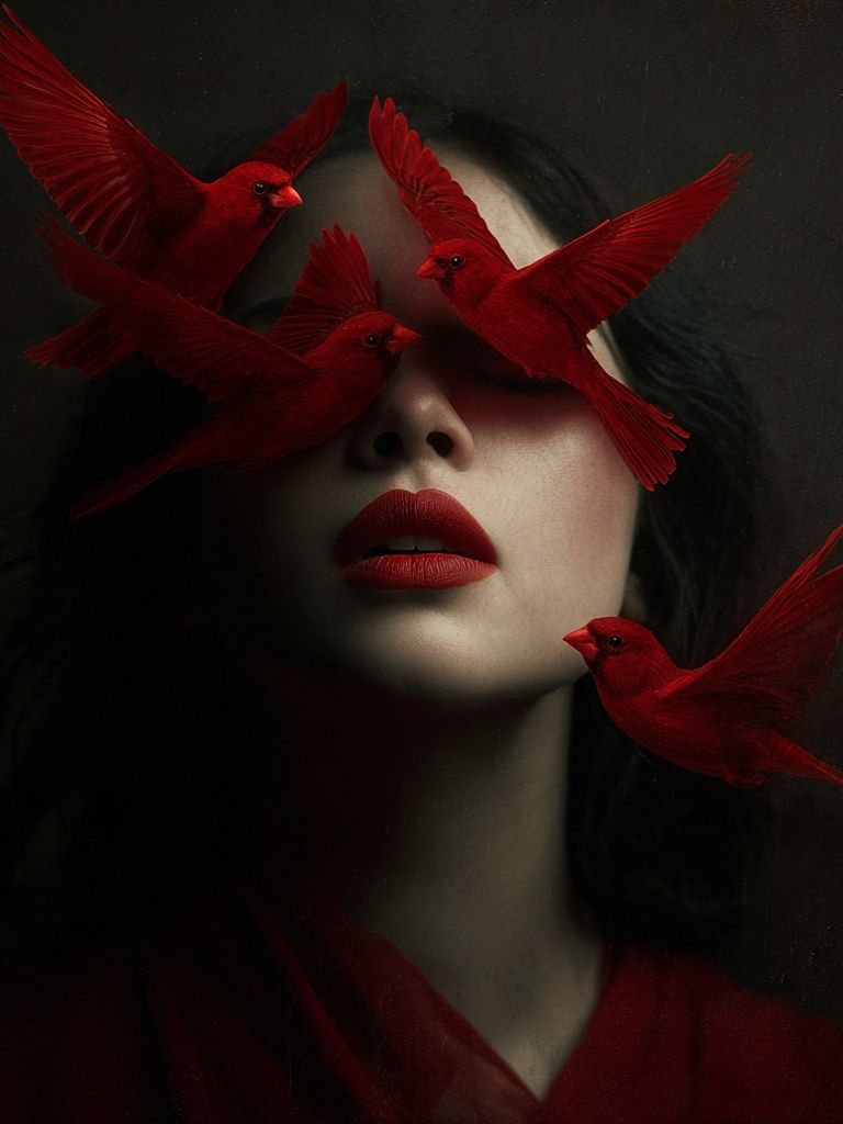 Red Birds and Woman — Surreal Art Print. poster — fine-art art