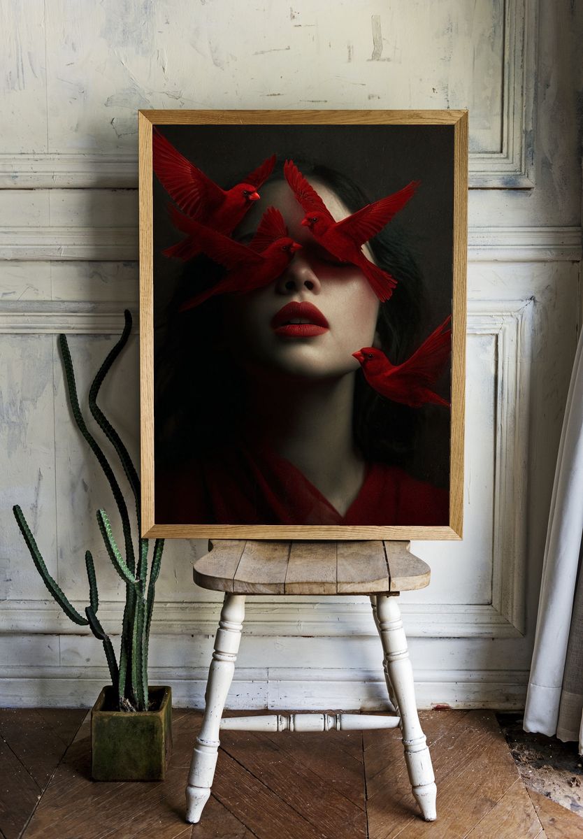 Red Birds and Woman — Surreal Art Print. room preview