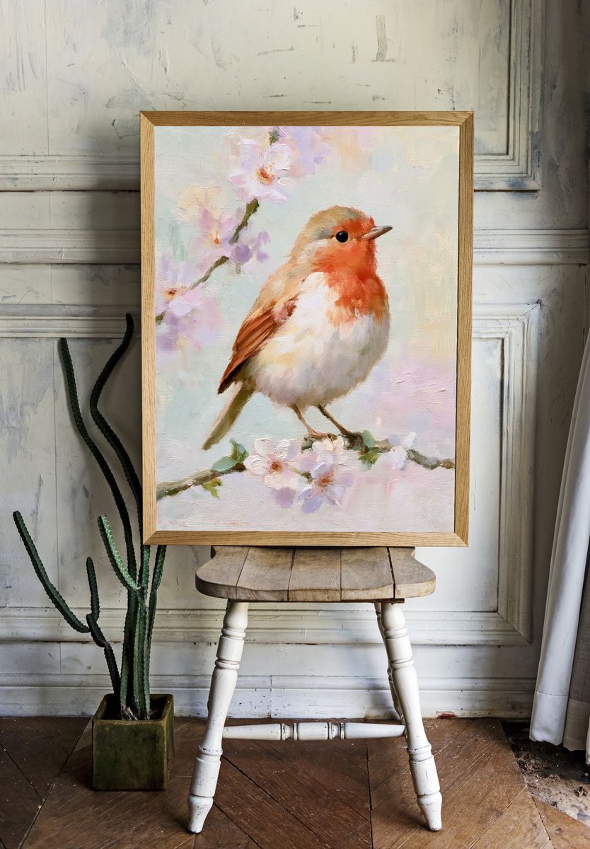 Robin Blossom Fine-Art Poster. room preview